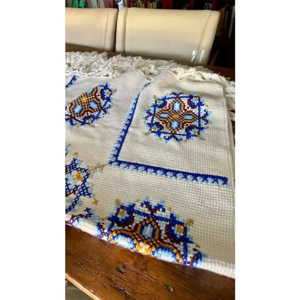 Handmade Knitted Needlepoint Style Afghan Throw Blanket 40x60 Blue Gold Cottage